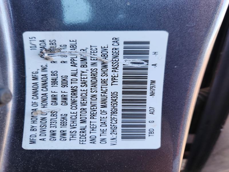 Aukcja sprzedaży 2016 Honda Civic, vin: 2HGFC2F78GH504305, numer aukcji: 57478796