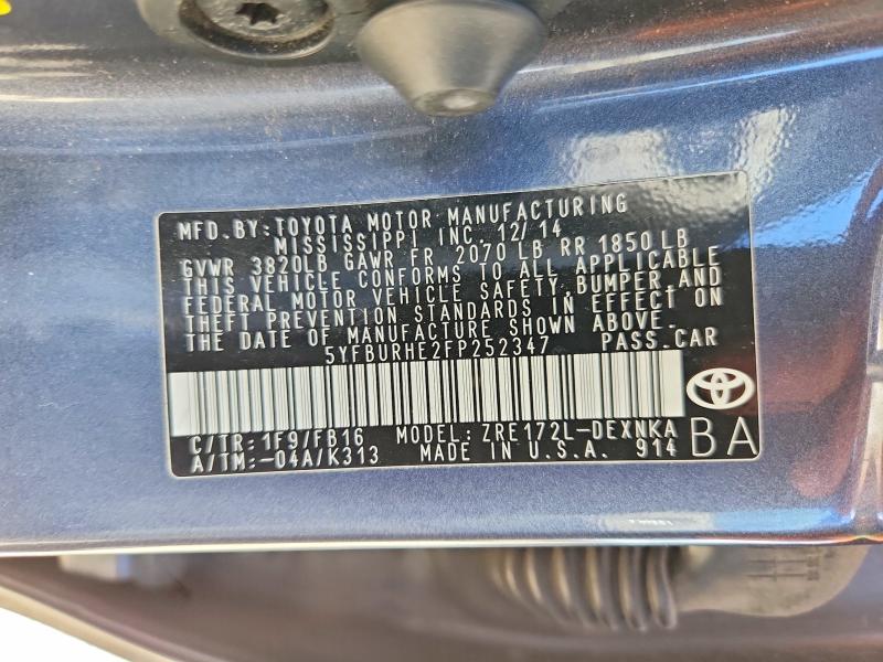 57035426 :رقم المزاد ، 5YFBURHE2FP252347 vin ، 2015 Toyota Corolla مزاد بيع
