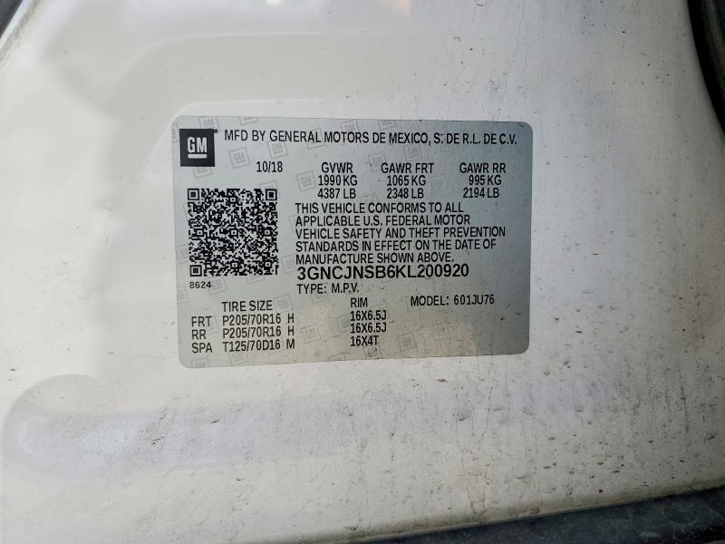 2019 Chevrolet Trax მანქანა იყიდება აუქციონზე, vin: 3GNCJNSB6KL200920, აუქციონის ნომერი: 56445016