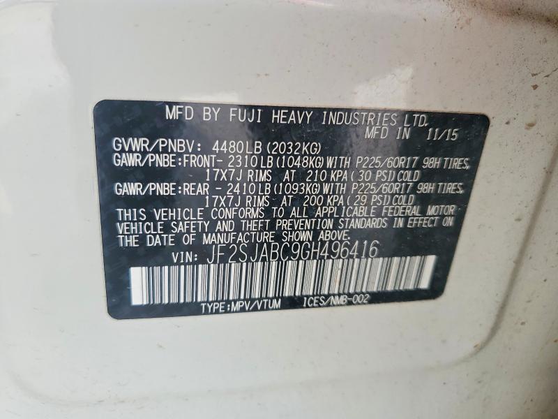 2016 Subaru Forester მანქანა იყიდება აუქციონზე, vin: JF2SJABC9GH496416, აუქციონის ნომერი: 54279256