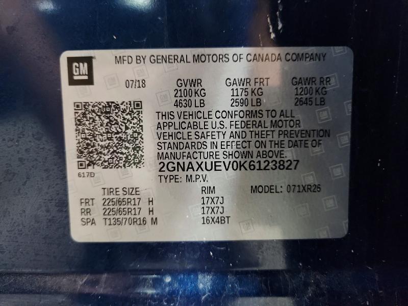 2019 Chevrolet Equinox მანქანა იყიდება აუქციონზე, vin: 2GNAXUEV0K6123827, აუქციონის ნომერი: 58736516