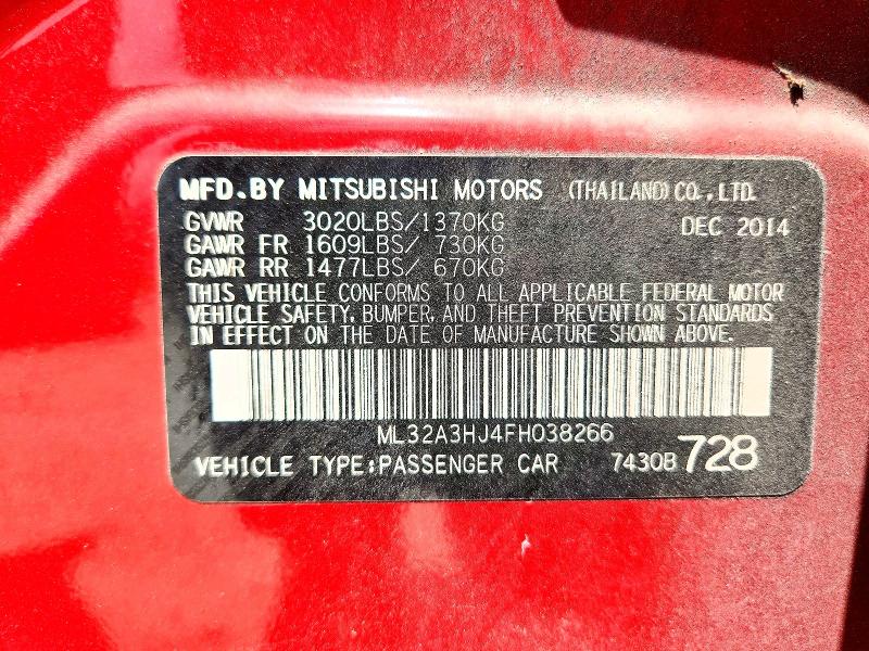 2015 Mitsubishi Mirage მანქანა იყიდება აუქციონზე, vin: ML32A3HJ4FH038266, აუქციონის ნომერი: 56874656