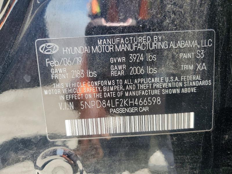 57385266 :رقم المزاد ، 5NPD84LF2KH466598 vin ، 2019 Hyundai Elantra مزاد بيع