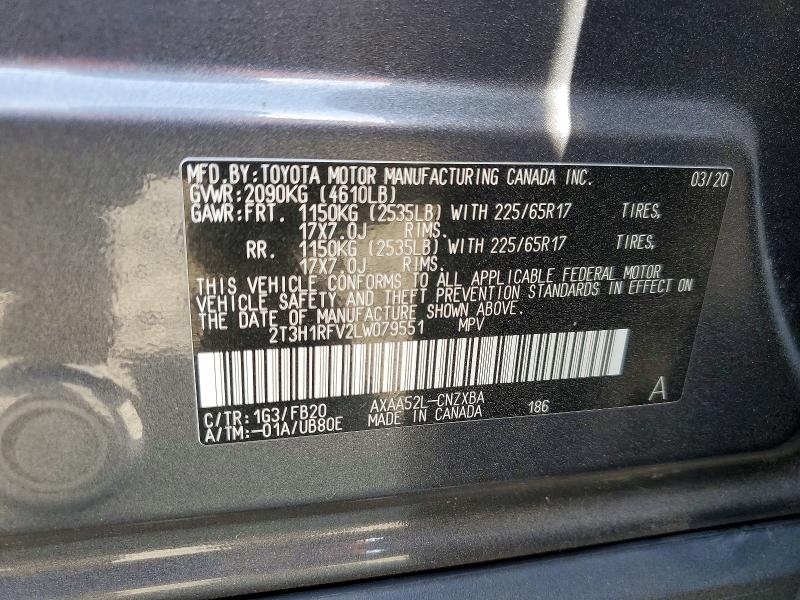 56077496 :رقم المزاد ، 2T3H1RFV2LW079551 vin ، 2020 Toyota Rav4 مزاد بيع