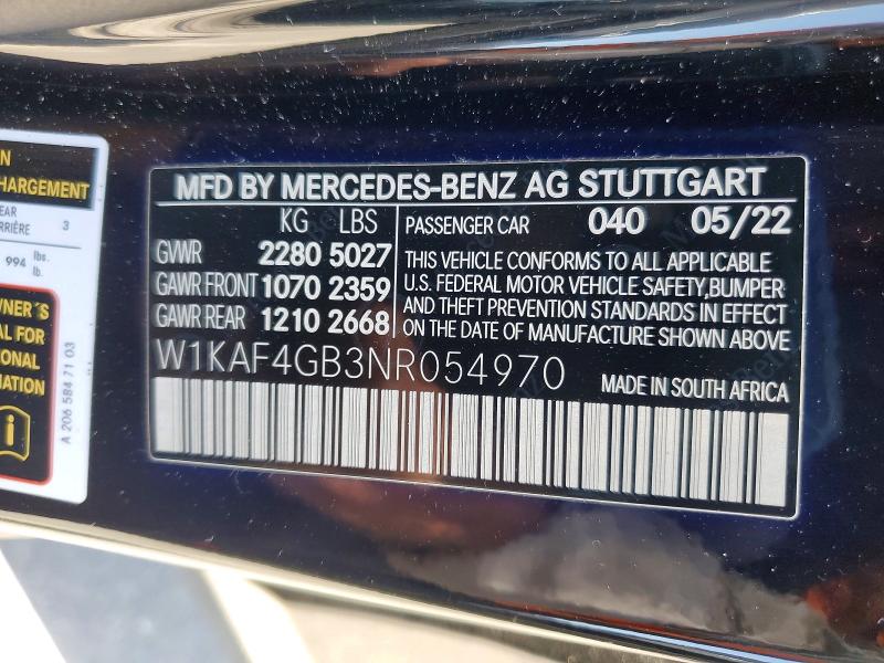 57968356 :رقم المزاد ، W1KAF4GB3NR054970 vin ، 2022 Mercedes-benz C مزاد بيع
