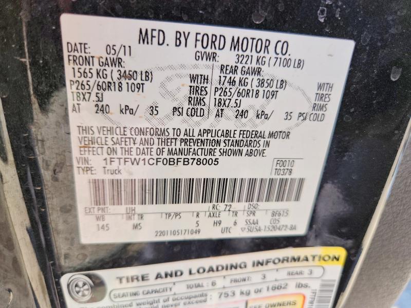 56188246 :رقم المزاد ، 1FTFW1CF0BFB78005 vin ، 2011 Ford F150 مزاد بيع