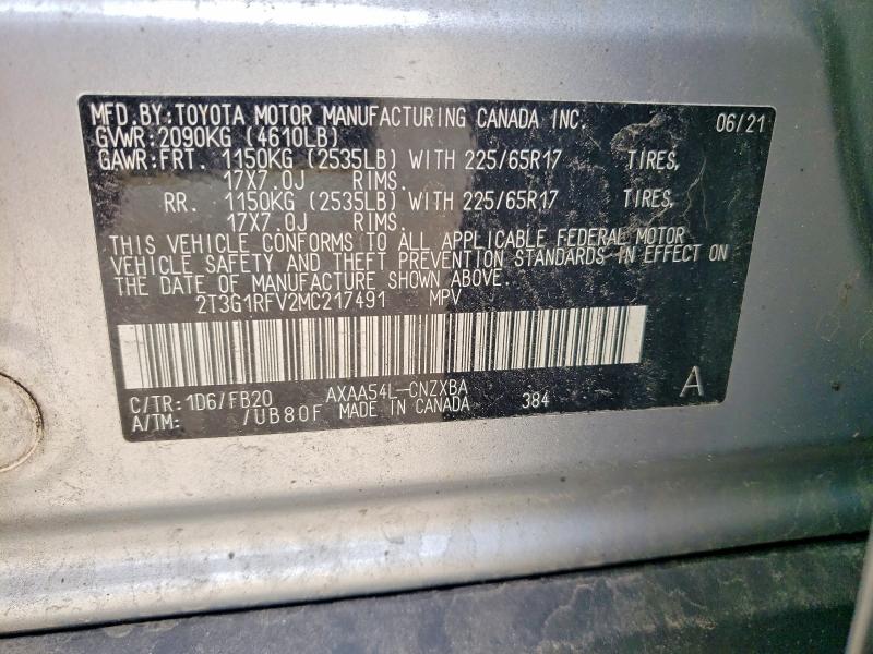 2021 Toyota Rav4 მანქანა იყიდება აუქციონზე, vin: 2T3G1RFV2MC217491, აუქციონის ნომერი: 55567896