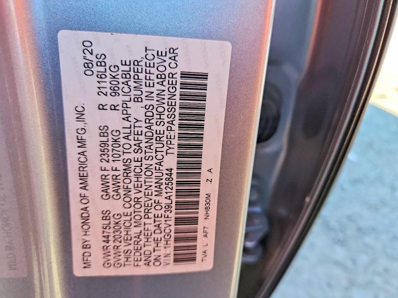 Auction sale of the 2020 Honda Accord, vin: 1HGCV1F39LA125844, lot number: 55948236