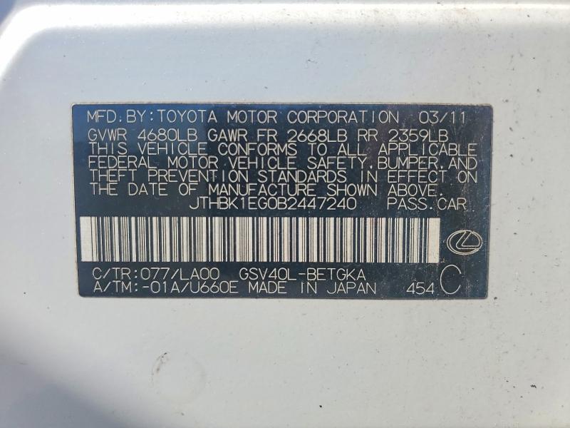 Aukcja sprzedaży 2011 Lexus Es, vin: JTHBK1EG0B2447240, numer aukcji: 54593496