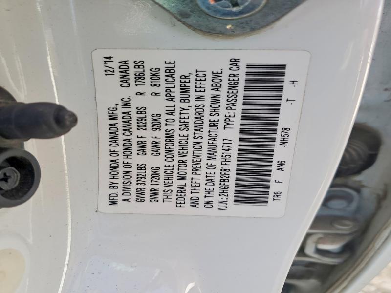 Продажа на аукционе авто 2015 Honda Civic, vin: 2HGFB2F81FH514717, номер лота: 58442156