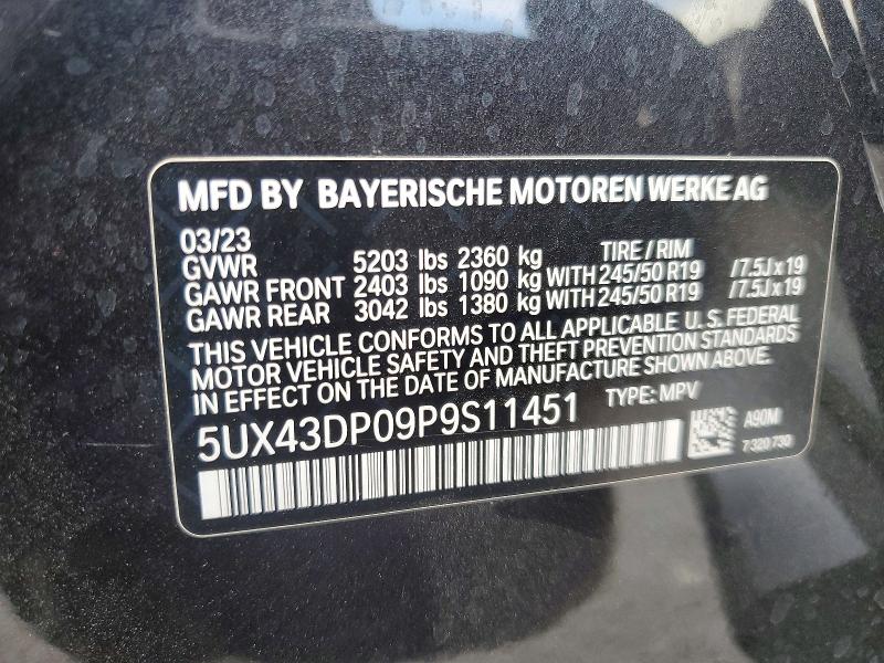 55806766 :رقم المزاد ، 5UX43DP09P9S11451 vin ، 2023 Bmw X3 مزاد بيع