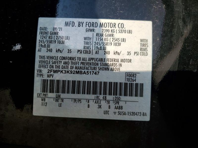 58696356 :رقم المزاد ، 2FMPK3K92MBA51747 vin ، 2021 Ford Edge مزاد بيع