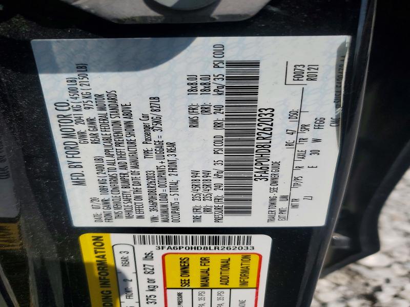 Продажа на аукционе авто 2020 Ford Fusion, vin: 3FA6P0HD8LR262033, номер лота: 58765496
