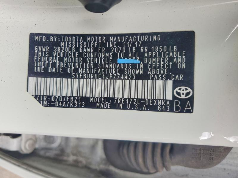Продажа на аукционе авто 2018 Toyota Corolla, vin: 5YFBURHE4JP774423, номер лота: 58981146