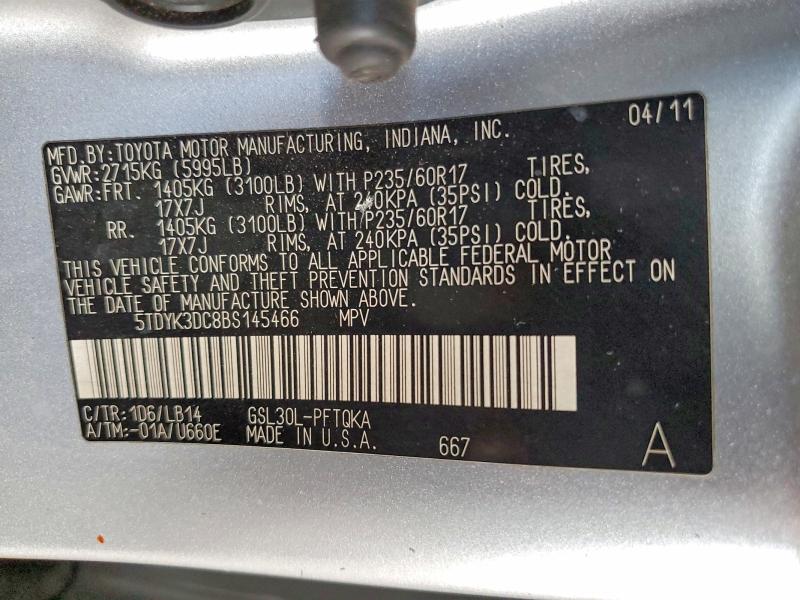 58616446 :رقم المزاد ، 5TDYK3DC8BS145466 vin ، 2011 Toyota Sienna مزاد بيع