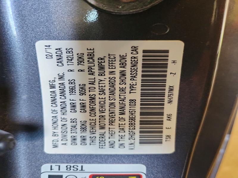 Aukcja sprzedaży 2014 Honda Civic, vin: 2HGFG3B58EH511038, numer aukcji: 95589475