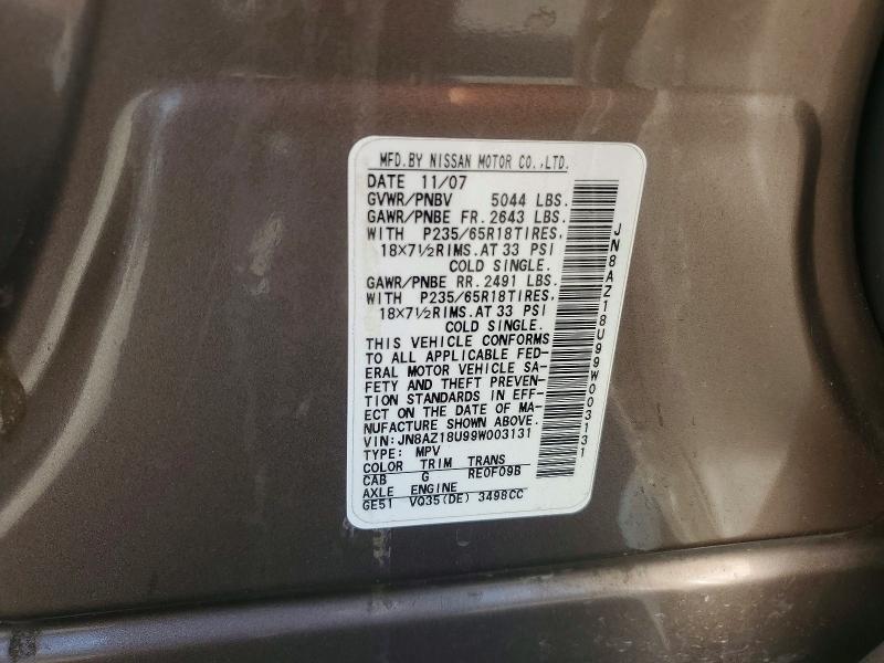 56851336 :رقم المزاد ، JN8AZ18U99W003131 vin ، 2009 Nissan Murano مزاد بيع