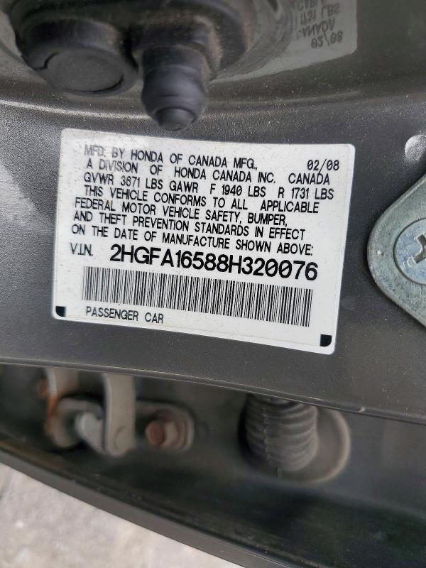 Aukcja sprzedaży 2008 Honda Civic, vin: 2HGFA16588H320076, numer aukcji: 55986536