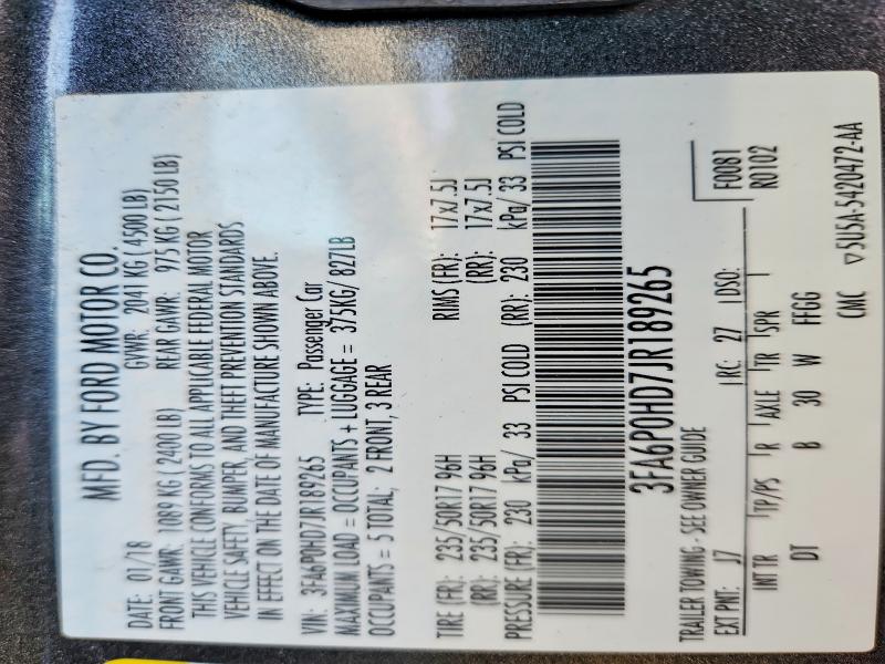 Продажа на аукционе авто 2018 Ford Fusion, vin: 3FA6P0HD7JR189265, номер лота: 56363876