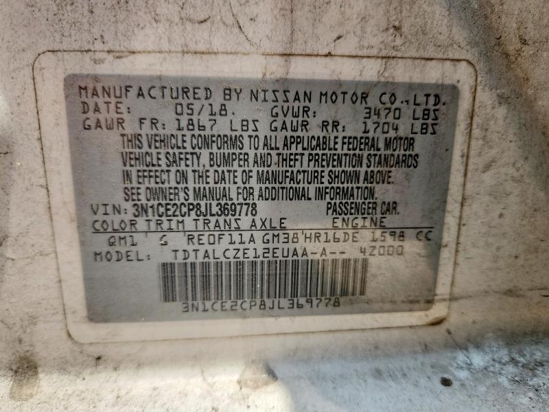 2018 Nissan Versa Note მანქანა იყიდება აუქციონზე, vin: 3N1CE2CP8JL369778, აუქციონის ნომერი: 58962466