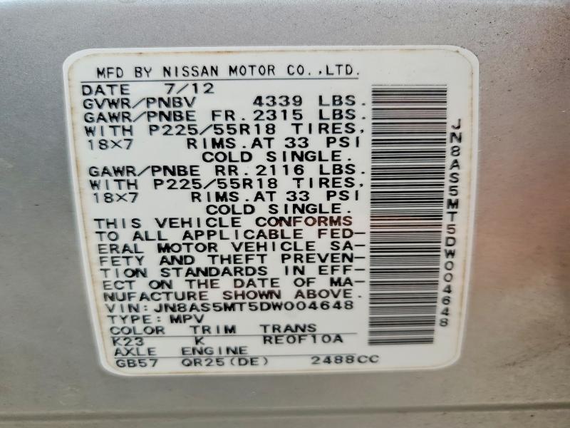 Auction sale of the 2013 Nissan Rogue, vin: JN8AS5MT5DW004648, lot number: 57944596