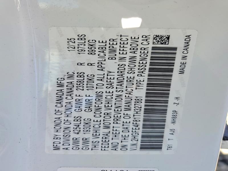 Продаж на аукціоні авто 2026 Honda Civic, vin: 2HGFE4F81TH327881, номер лоту: 58118116
