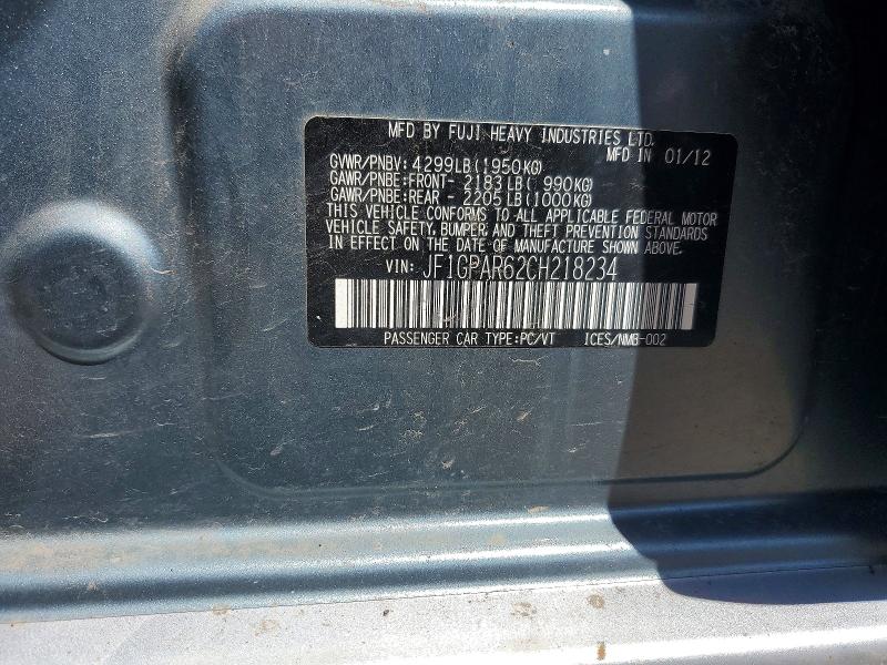 58209126 :رقم المزاد ، JF1GPAR62CH218234 vin ، 2012 Subaru Impreza مزاد بيع