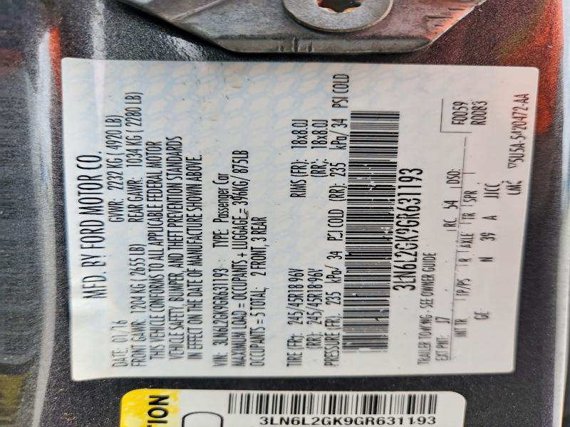 Aukcja sprzedaży 2016 Lincoln Mkz, vin: 3LN6L2GK9GR631193, numer aukcji: 57367786