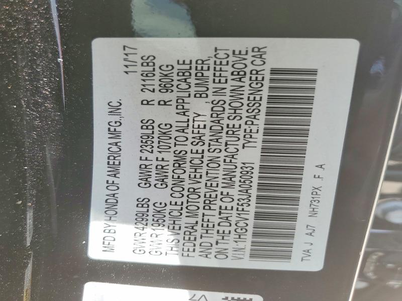 Продаж на аукціоні авто 2018 Honda Accord, vin: 1HGCV1F53JA050931, номер лоту: 56995416