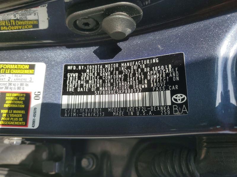 56704746 :رقم المزاد ، 5YFBURHE5KP880137 vin ، 2019 Toyota Corolla مزاد بيع