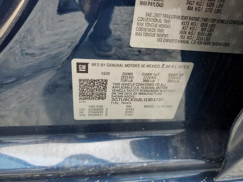 Продаж на аукціоні авто 2020 Gmc Sierra, vin: 3GTU9CED2LG303737, номер лоту: 58827146