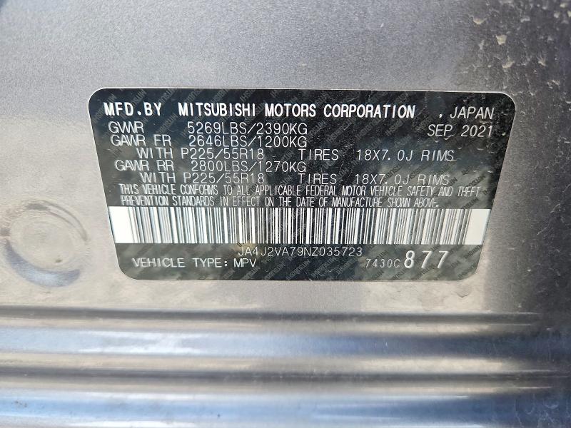 2022 Mitsubishi Outlander მანქანა იყიდება აუქციონზე, vin: JA4J2VA79NZ035723, აუქციონის ნომერი: 55054186
