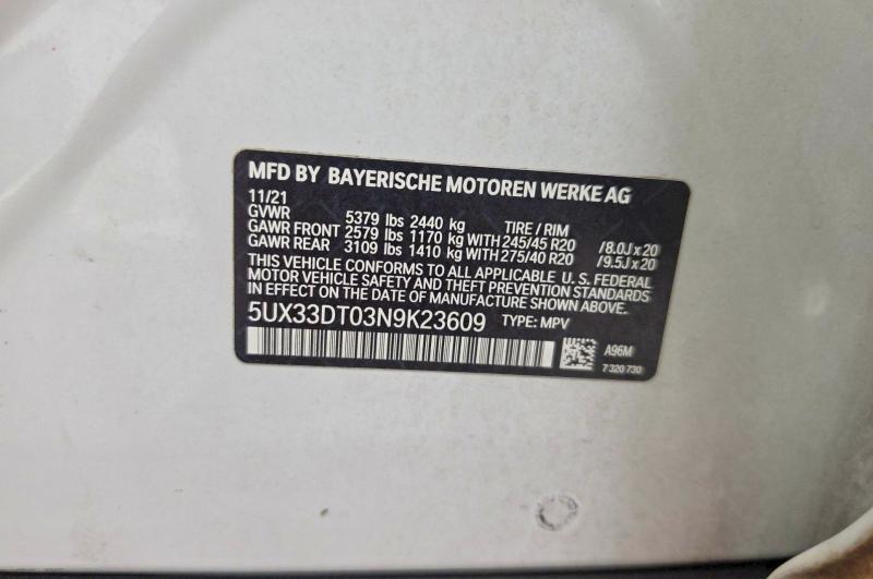 2022 Bmw X4 მანქანა იყიდება აუქციონზე, vin: 5UX33DT03N9K23609, აუქციონის ნომერი: 59140716