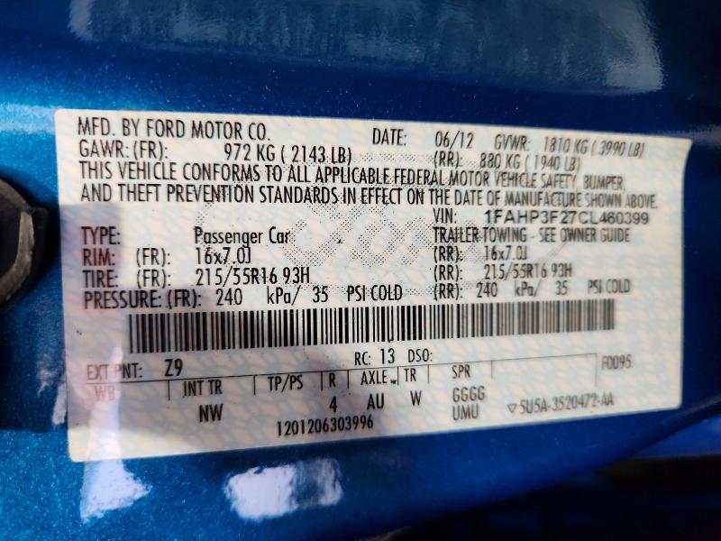Aukcja sprzedaży 2012 Ford Focus, vin: 1FAHP3F27CL460399, numer aukcji: 59320456
