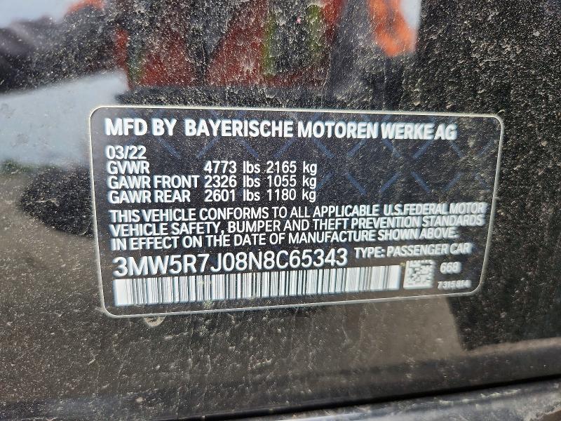 2022 Bmw 330xi მანქანა იყიდება აუქციონზე, vin: 3MW5R7J08N8C65343, აუქციონის ნომერი: 56757166