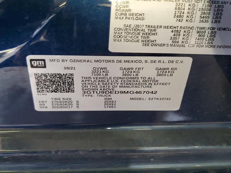 Aukcja sprzedaży 2021 Gmc Sierra, vin: 3GTU9DED9MG467042, numer aukcji: 55415916