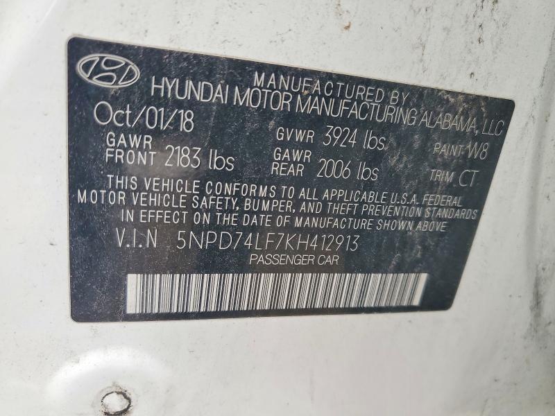 58370386 :رقم المزاد ، 5NPD74LF7KH412913 vin ، 2019 Hyundai Elantra مزاد بيع