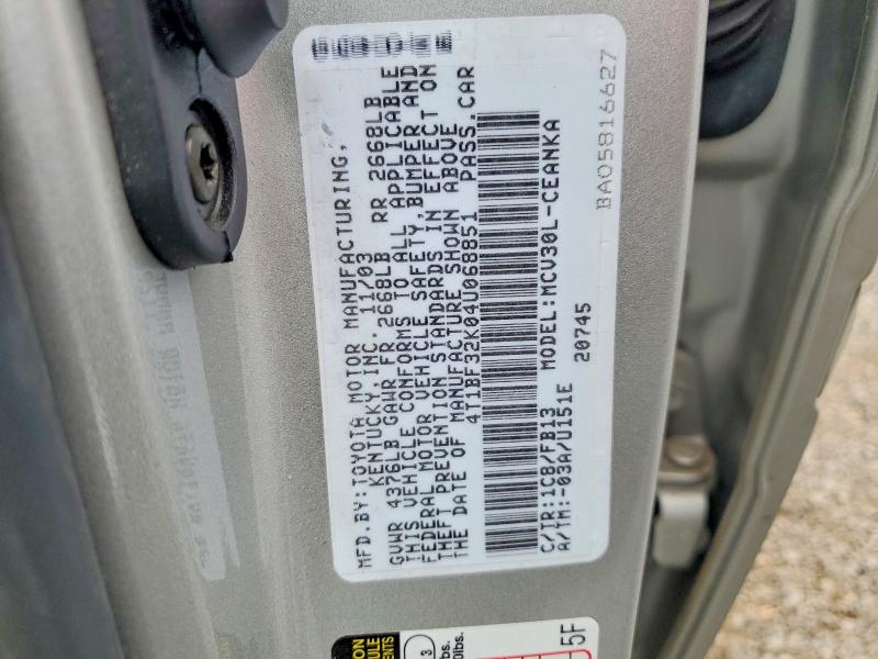 2004 Toyota Camry მანქანა იყიდება აუქციონზე, vin: 4T1BF32K04U068851, აუქციონის ნომერი: 58989966