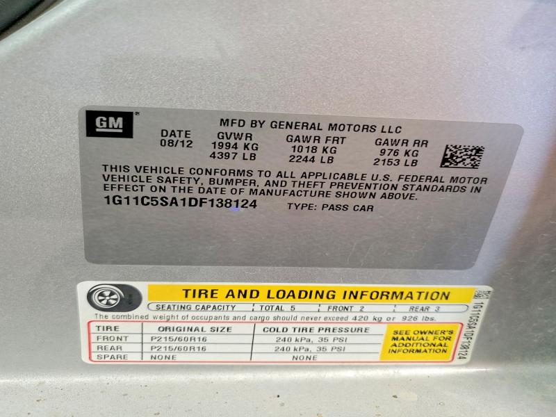Продажа на аукционе авто 2013 Chevrolet Malibu, vin: 1G11C5SA1DF138124, номер лота: 58246146