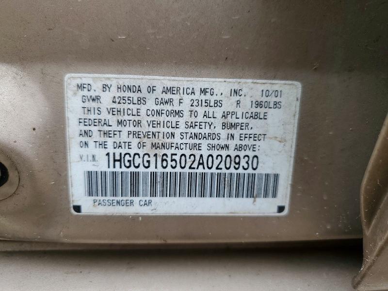 Продаж на аукціоні авто 2002 Honda Accord, vin: 1HGCG16502A020930, номер лоту: 57645196