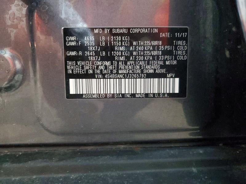 2018 Subaru Outback მანქანა იყიდება აუქციონზე, vin: 4S4BSANC1J3265792, აუქციონის ნომერი: 57689546