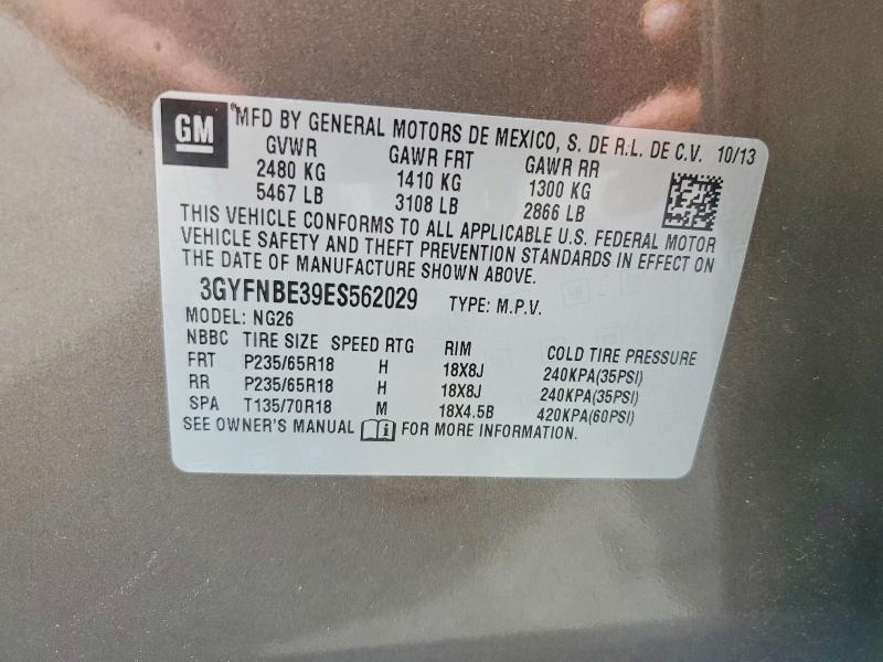 58055866 :رقم المزاد ، 3GYFNBE39ES562029 vin ، 2014 Cadillac Srx مزاد بيع