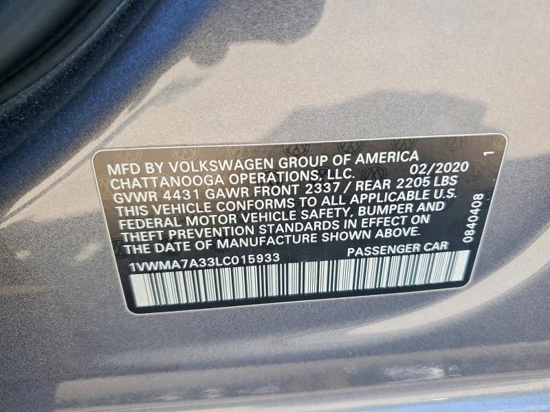 56110206 :رقم المزاد ، 1VWMA7A33LC015933 vin ، 2020 Volkswagen Passat مزاد بيع
