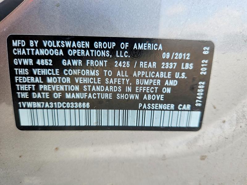 55812176 :رقم المزاد ، 1VWBN7A31DC033666 vin ، 2013 Volkswagen Passat مزاد بيع