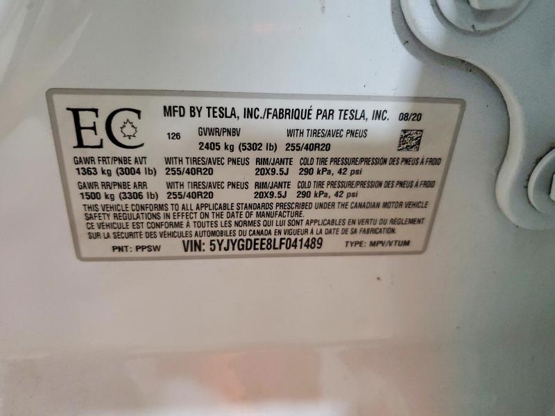 Продажа на аукционе авто 2020 Tesla Model Y, vin: 5YJYGDEE8LF041489, номер лота: 57783006