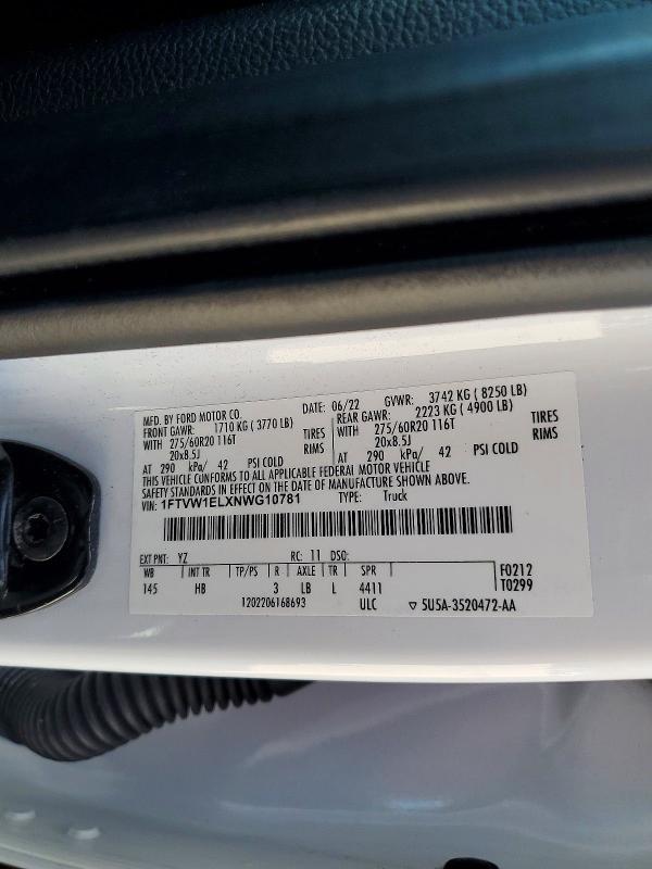 2022 Ford F150 მანქანა იყიდება აუქციონზე, vin: 1FTVW1ELXNWG10781, აუქციონის ნომერი: 57326246