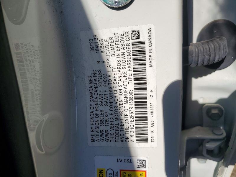 57617356 :رقم المزاد ، 2HGFE2F57RH508003 vin ، 2024 Honda Civic مزاد بيع