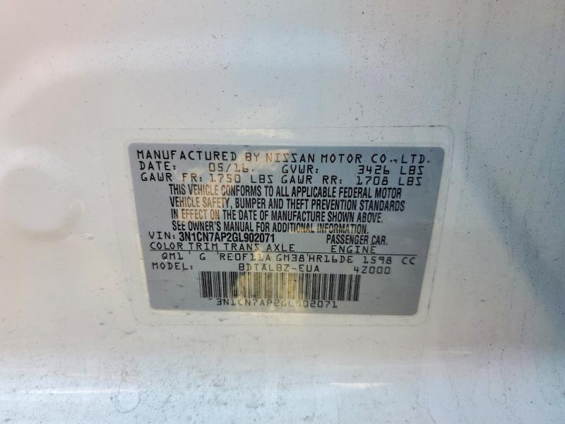 2016 Nissan Versa მანქანა იყიდება აუქციონზე, vin: 3N1CN7AP2GL902071, აუქციონის ნომერი: 59099126