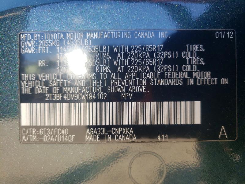Продажа на аукционе авто 2012 Toyota Rav4, vin: 2T3BF4DV9CW184102, номер лота: 57012776