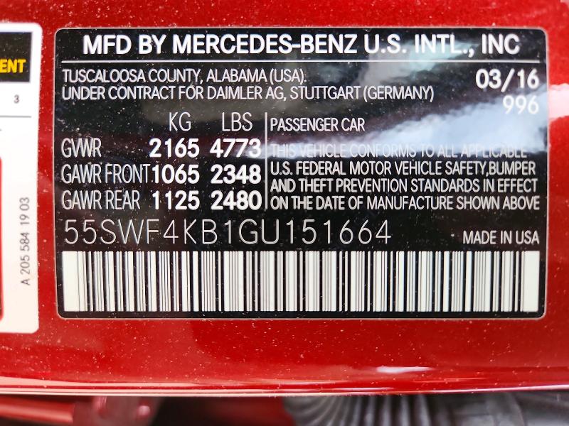 57499906 :رقم المزاد ، 55SWF4KB1GU151664 vin ، 2016 Mercedes-benz C مزاد بيع